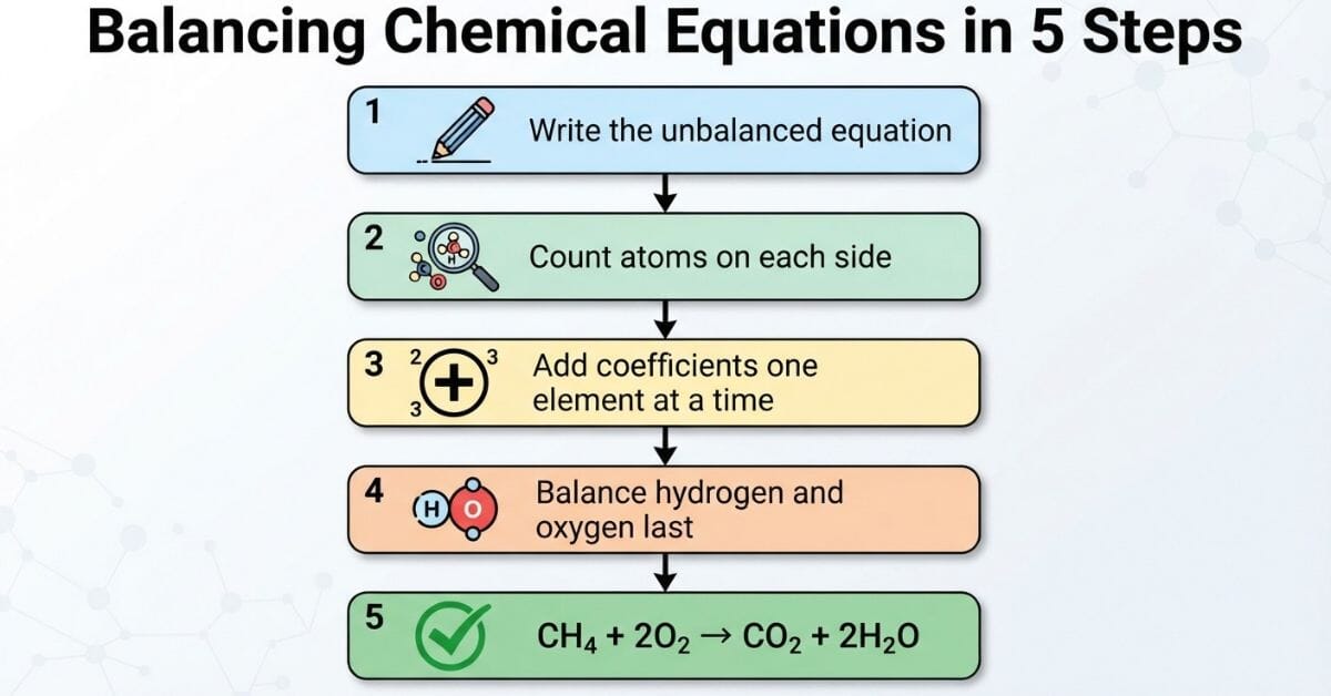  Flowchart with five steps: write equation, count atoms, add coefficients, balance H and O last, check.