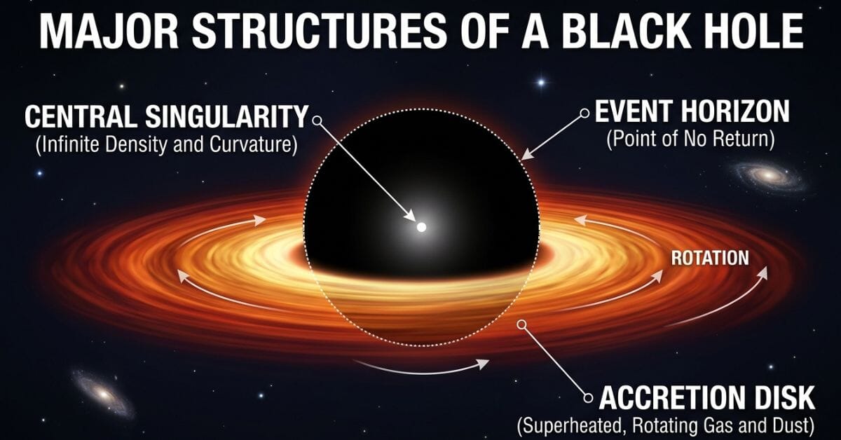 IBlack hole diagram showing the event horizon, accretion disk, and singularity