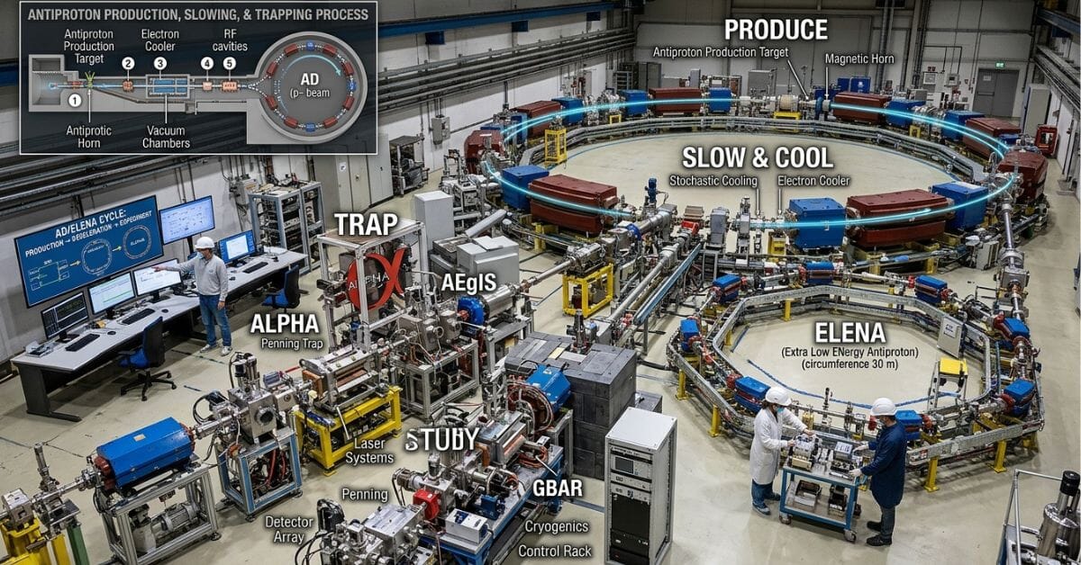 The Antiproton Decelerator facility at CERN's Antimatter Factory used to produce and study antimatter