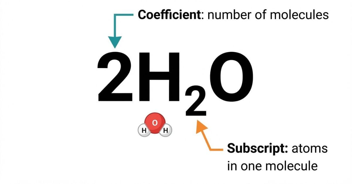Diagram of 2H2O with arrows labeling the coefficient 2 and the subscript 2. 