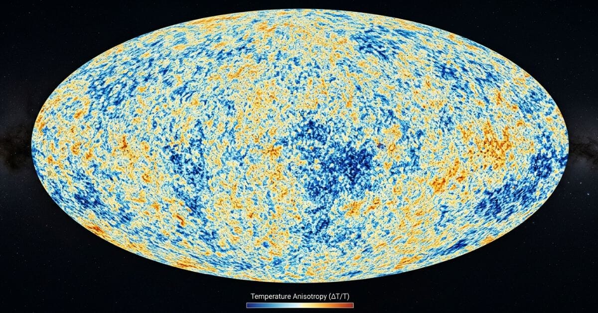 Cosmic microwave background map showing temperature fluctuations from the early universe