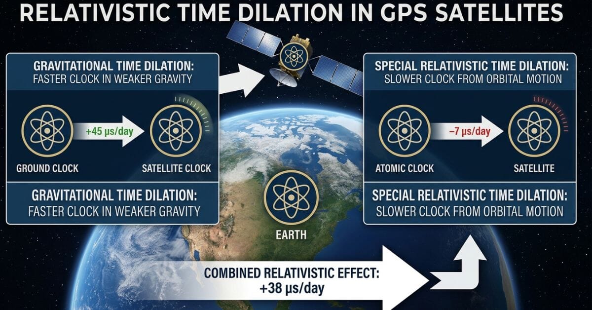 Diagram showing how GPS satellite clocks run faster than ground clocks due to relativistic time dilation