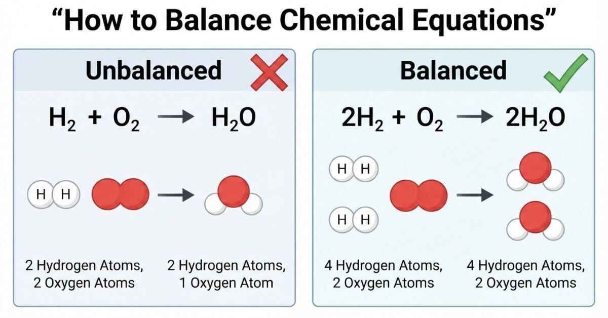 Unbalanced equation H2 + O2 → H2O shown beside the balanced equation 2H2 + O2 → 2H2O with atom counts.
 