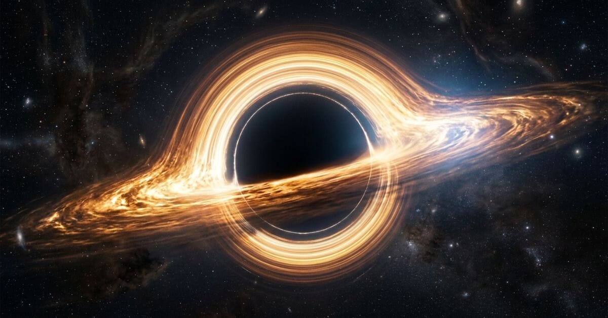 Illustration of a black hole with a glowing accretion disk and gravitationally bent light around its event horizon