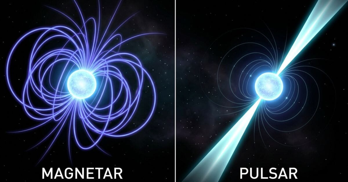 Illustration comparing a magnetar's strong magnetic field to a pulsar's rotating radiation beams