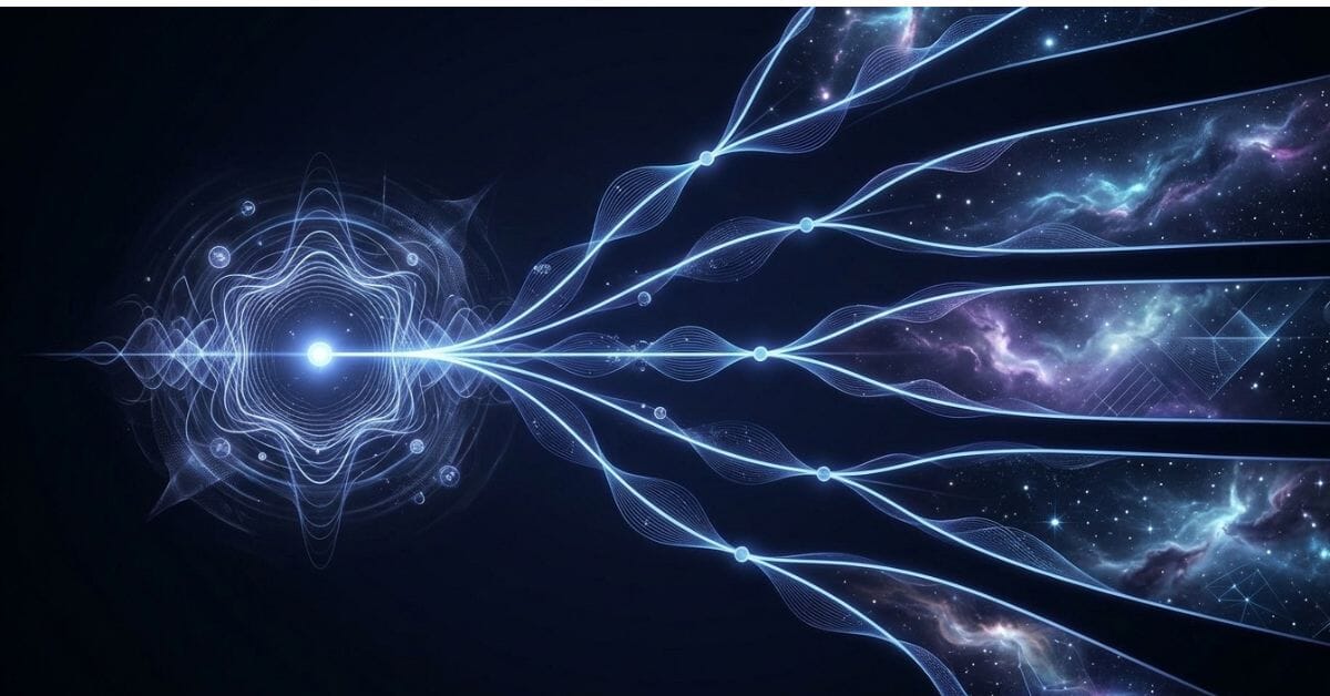 Branching diagram illustrating the many-worlds interpretation of quantum mechanics