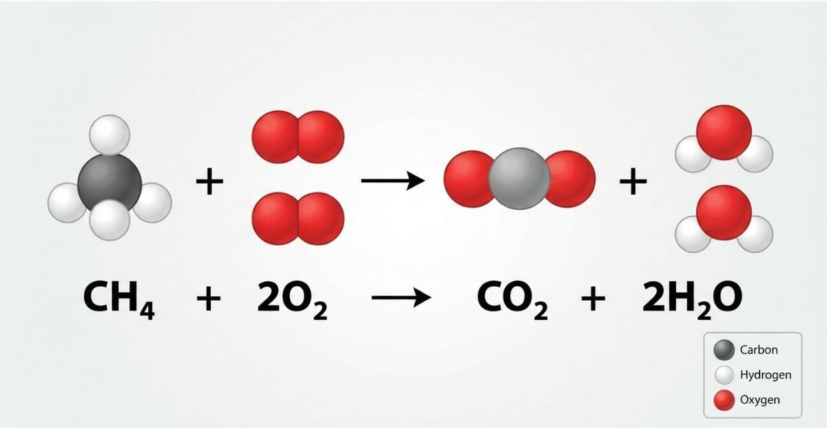 Molecule models showing one methane and two oxygen molecules forming one carbon dioxide and two water molecules
