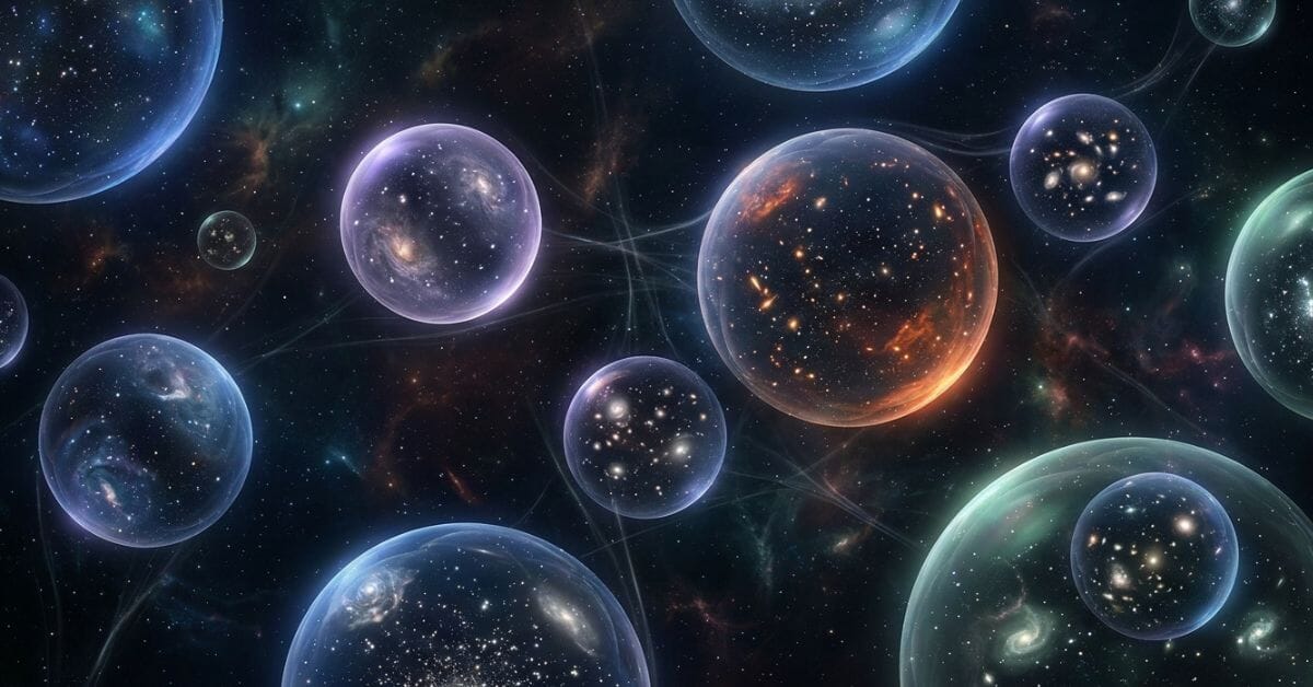 Illustration of multiple bubble-shaped universes representing the inflationary multiverse