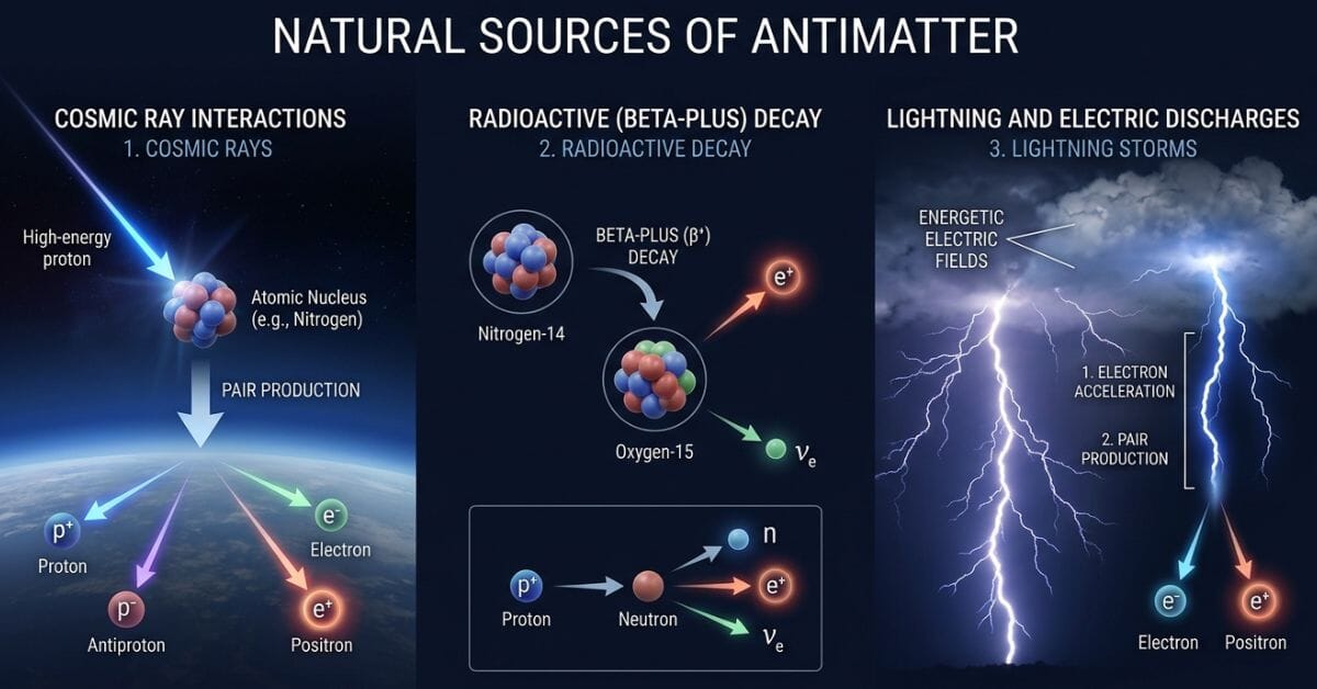 Infographic showing three natural sources of antimatter: cosmic rays, radioactive decay, and lightning storms