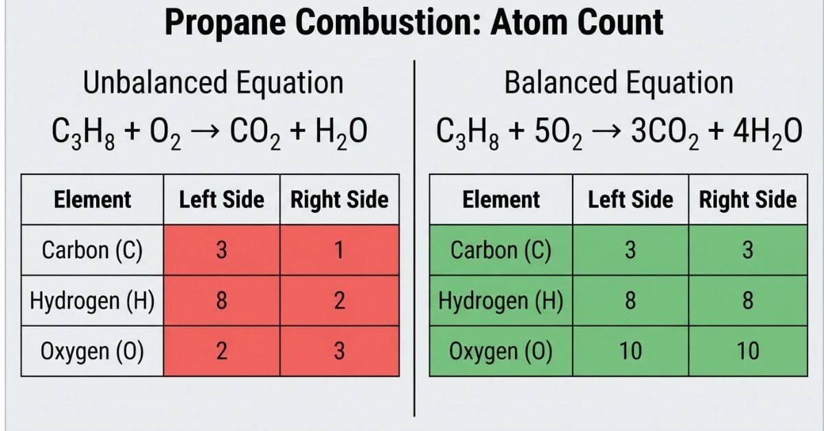  able comparing carbon, hydrogen, and oxygen atom counts for propane combustion before and after balancing.