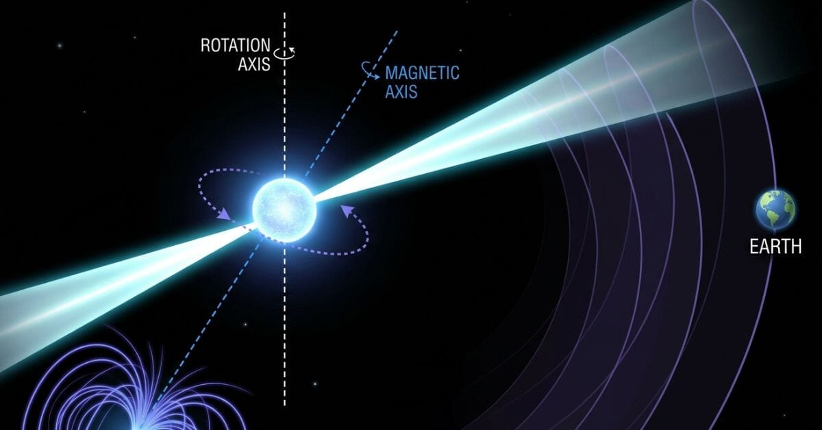 Diagram of a pulsar's radiation beam sweeping past Earth like a rotating lighthouse  