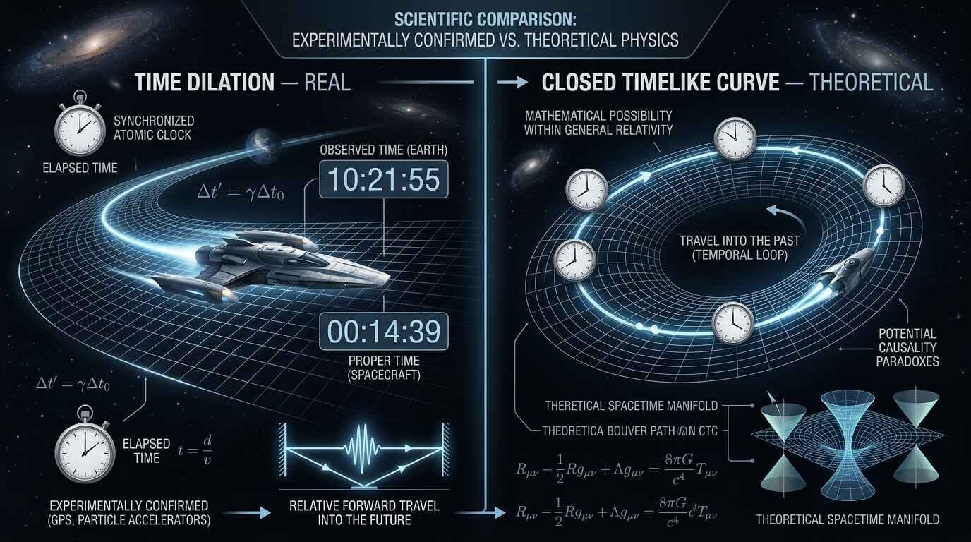 Comparison graphic showing proven time dilation next to theoretical closed timelike curve time travel