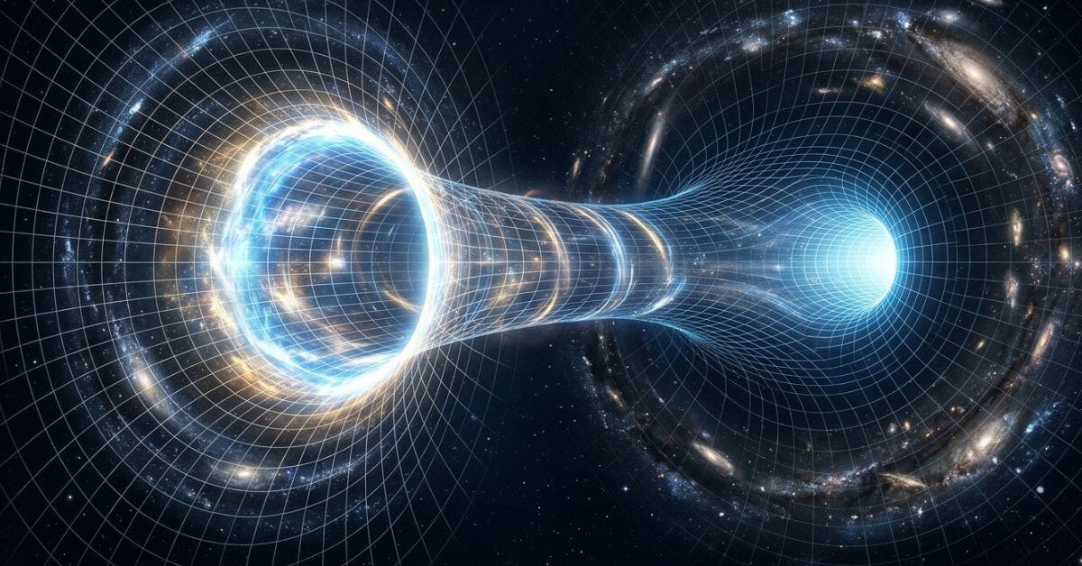 Illustration of a wormhole connecting two points in curved spacetime, representing a theoretical time machine concept