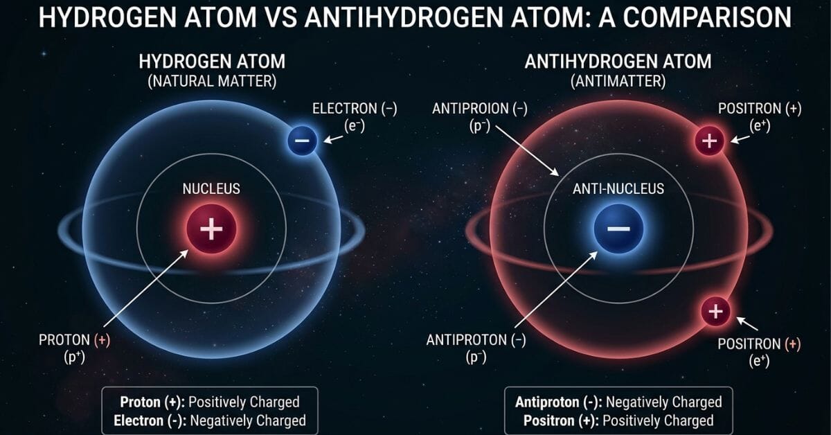 Diagram comparing a hydrogen atom and an antihydrogen atom, showing opposite particle charges.